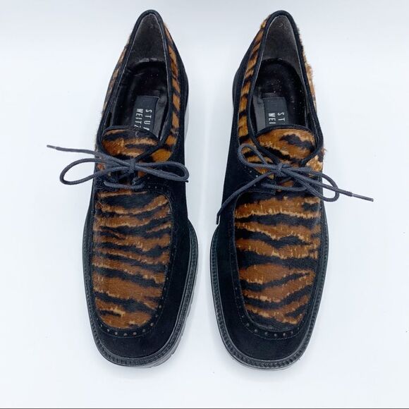 STUART WEITZMAN Black Suede and Animal Print Calf-hair Lug Sole Tie‎ Oxfords EUC - Picture 3 of 16